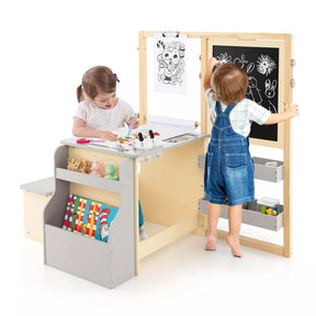 Kids Wooden Art Center Easel with Adjustable Double-Sided Blackboard & Whiteboard, Paper Roll, Toddler Art Table & Chair Set with Storage