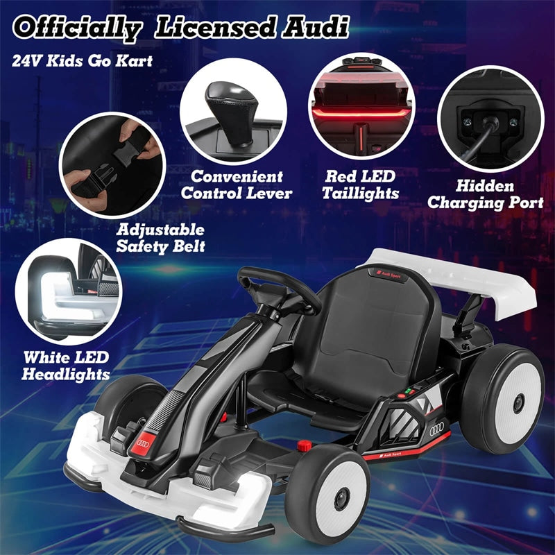 Licensed Audi 24V Kids Go Kart, Length Adjustable Ride on Racing Toy with 2x150W Motors, 8 MPH Electric Drift Go Cart Sport Car for Ages 6+ Years