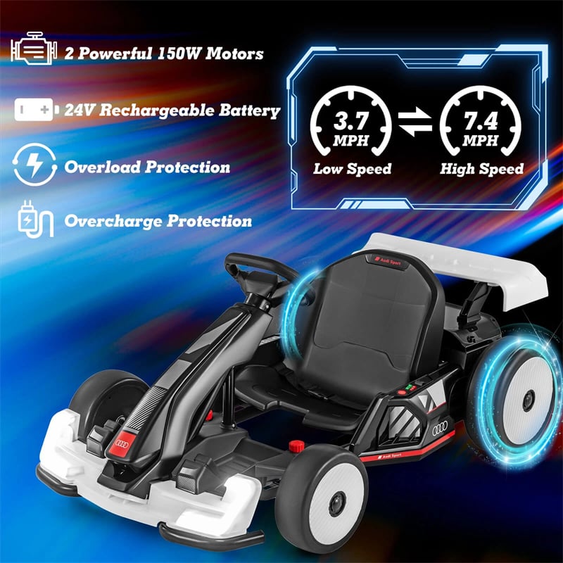 Licensed Audi 24V Kids Go Kart, Length Adjustable Ride on Racing Toy with 2x150W Motors, 8 MPH Electric Drift Go Cart Sport Car for Ages 6+ Years