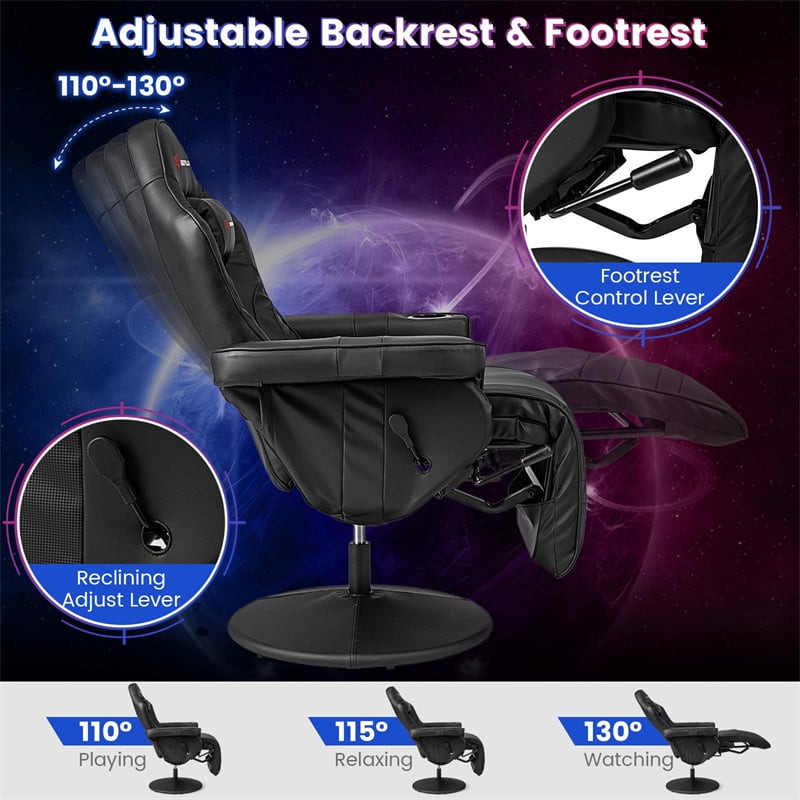 Ergonomic Gaming Recliner Chair with Massage, Retractable Footrest & Cup Holder, Height Adjustable Racing Style Swivel Video Game Chair
