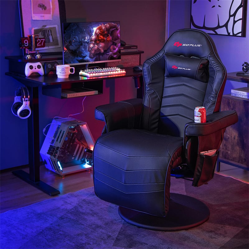 Ergonomic Gaming Recliner Chair with Massage, Retractable Footrest & Cup Holder, Height Adjustable Racing Style Swivel Video Game Chair