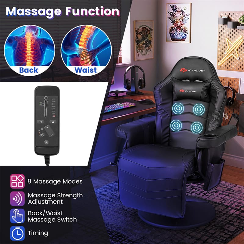Ergonomic Gaming Recliner Chair with Massage, Retractable Footrest & Cup Holder, Height Adjustable Racing Style Swivel Video Game Chair