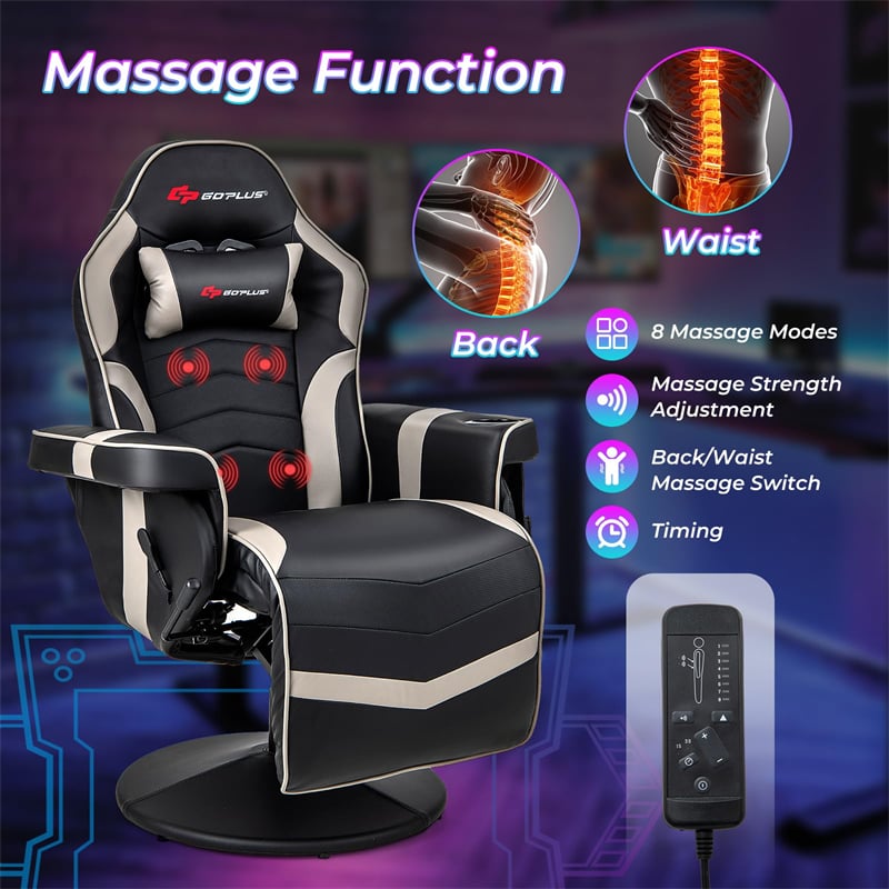 Ergonomic Gaming Recliner Chair with Massage, Retractable Footrest & Cup Holder, Height Adjustable Racing Style Swivel Video Game Chair