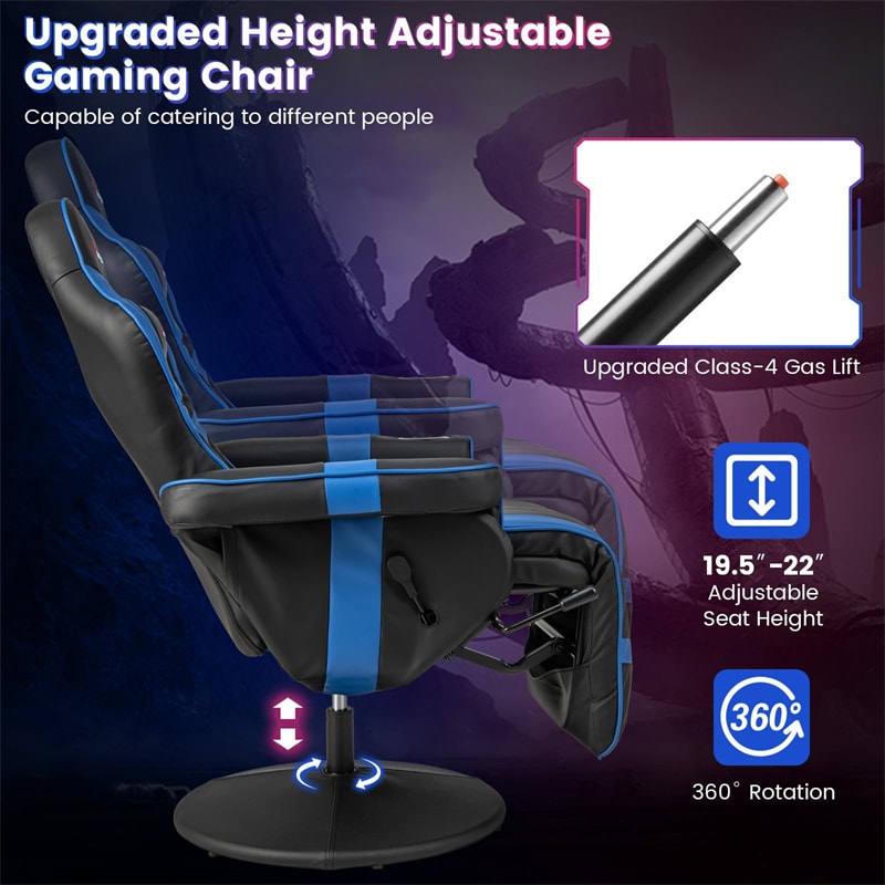 Ergonomic Gaming Recliner Chair with Massage, Retractable Footrest & Cup Holder, Height Adjustable Racing Style Swivel Video Game Chair