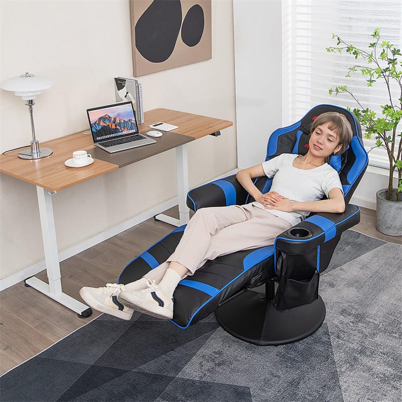 Ergonomic Gaming Recliner Chair with Massage, Retractable Footrest & Cup Holder, Height Adjustable Racing Style Swivel Video Game Chair