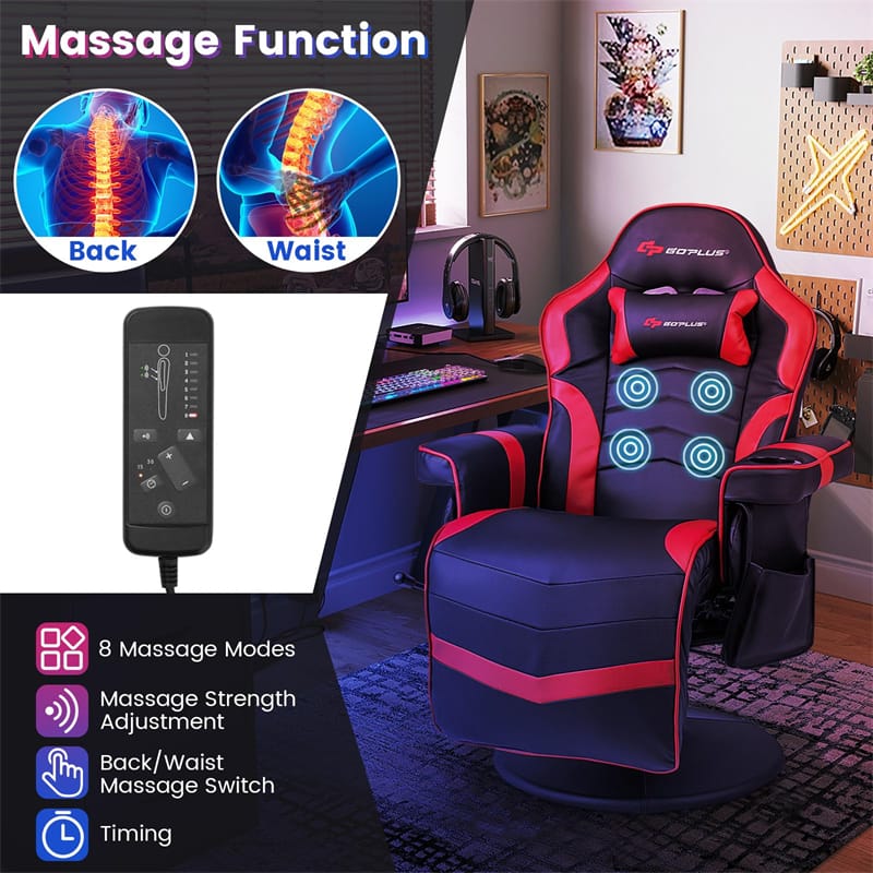 Ergonomic Gaming Recliner Chair with Massage, Retractable Footrest & Cup Holder, Height Adjustable Racing Style Swivel Video Game Chair