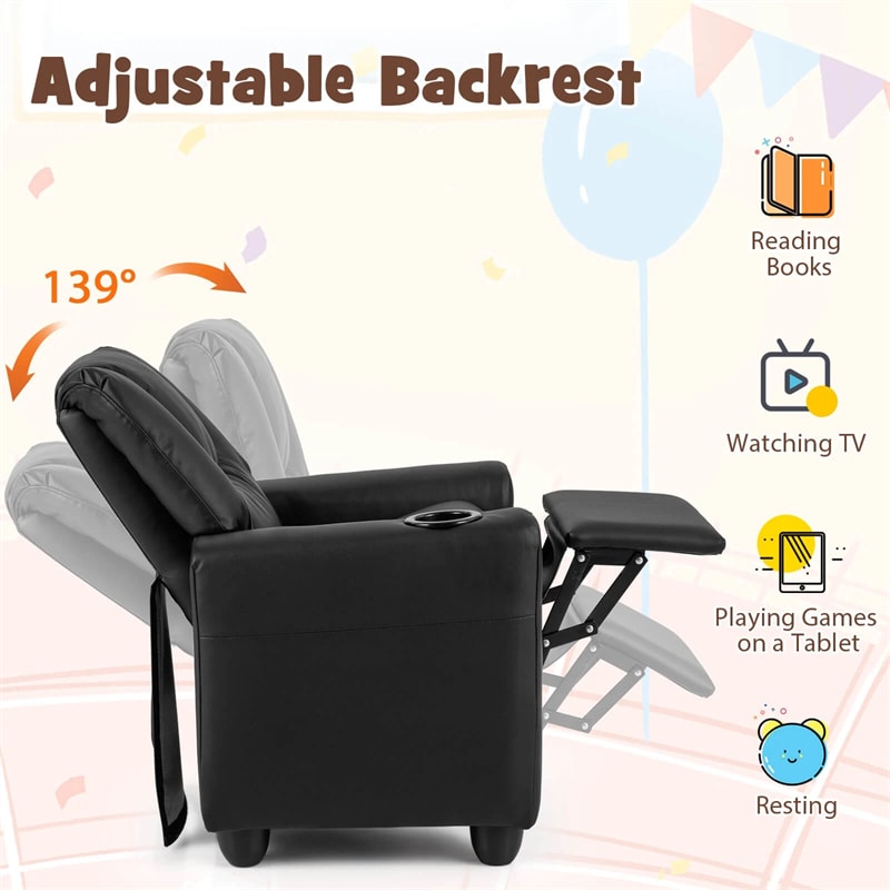 Kids Recliner Chair with Cup Holder & Side Pocket, Adjustable Toddler Lounge Sofa, Ergonomic Children Armchairs for Boys Girls Age 3+, 150lbs