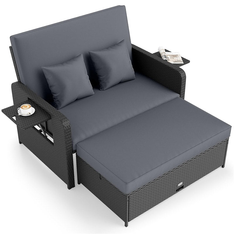 Patio Rattan Daybed Outdoor Wicker Loveseat Sofa with 4-Level Adjustable Backrest, Storage Ottoman, Retractable Tray & Cushions for Backyard