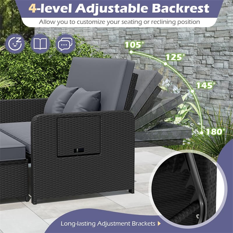 Patio Rattan Daybed Outdoor Wicker Loveseat Sofa with 4-Level Adjustable Backrest, Storage Ottoman, Retractable Tray & Cushions for Backyard