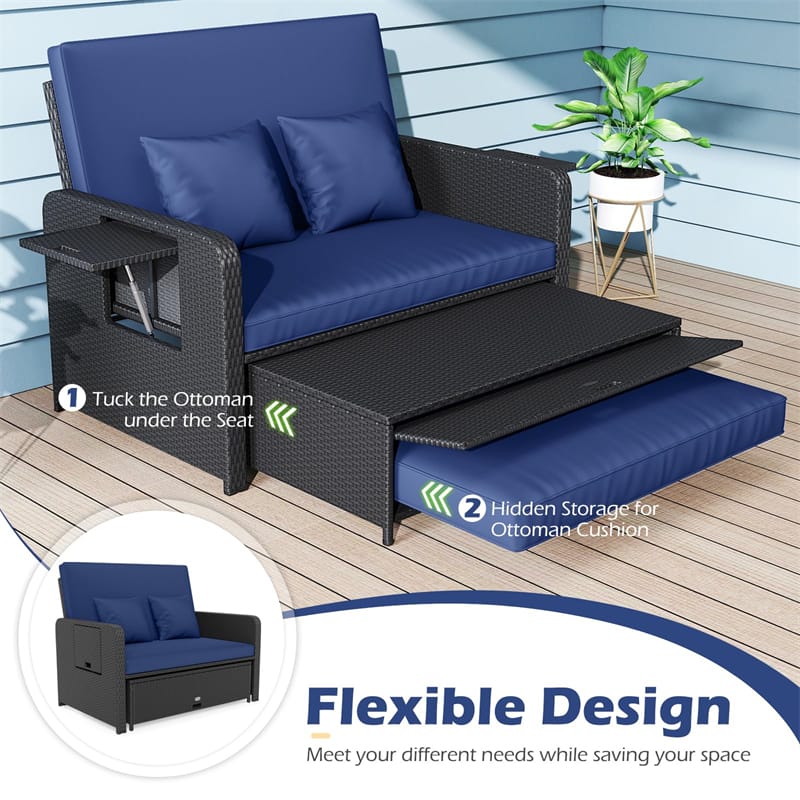 Patio Rattan Daybed Outdoor Wicker Loveseat Sofa with 4-Level Adjustable Backrest, Storage Ottoman, Retractable Tray & Cushions for Backyard