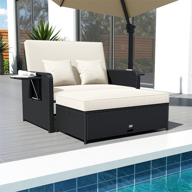 Patio Rattan Daybed Outdoor Wicker Loveseat Sofa with 4-Level Adjustable Backrest, Storage Ottoman, Retractable Tray & Cushions for Backyard