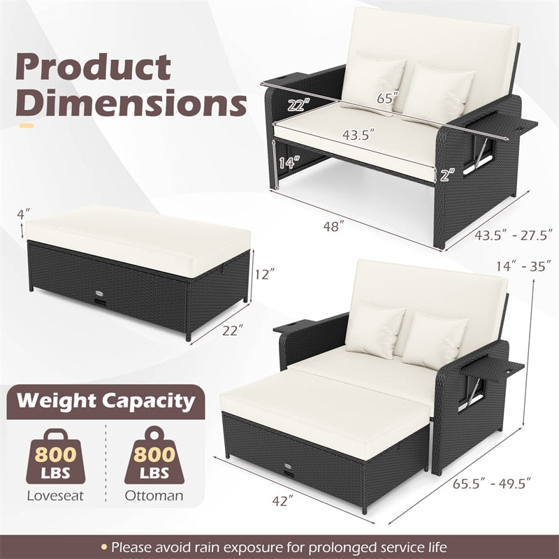 Patio Rattan Daybed Outdoor Wicker Loveseat Sofa with 4-Level Adjustable Backrest, Storage Ottoman, Retractable Tray & Cushions for Backyard