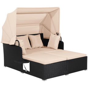 Patio Rattan Daybed, Outdoor Wicker Double Sun Lounger with Retractable Canopy, 2 Foldable Side Trays & Thick Cushions for Garden Poolside, Porch