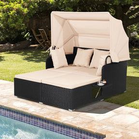 Patio Rattan Daybed, Outdoor Wicker Double Sun Lounger with Retractable Canopy, 2 Foldable Side Trays & Thick Cushions for Garden Poolside, Porch