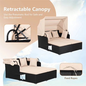 Patio Rattan Daybed, Outdoor Wicker Double Sun Lounger with Retractable Canopy, 2 Foldable Side Trays & Thick Cushions for Garden Poolside, Porch