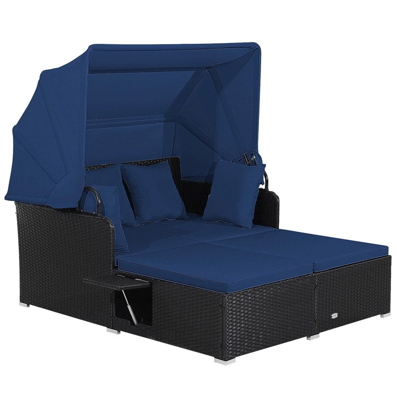 Patio Rattan Daybed, Outdoor Wicker Double Sun Lounger with Retractable Canopy, 2 Foldable Side Trays & Thick Cushions for Garden Poolside, Porch