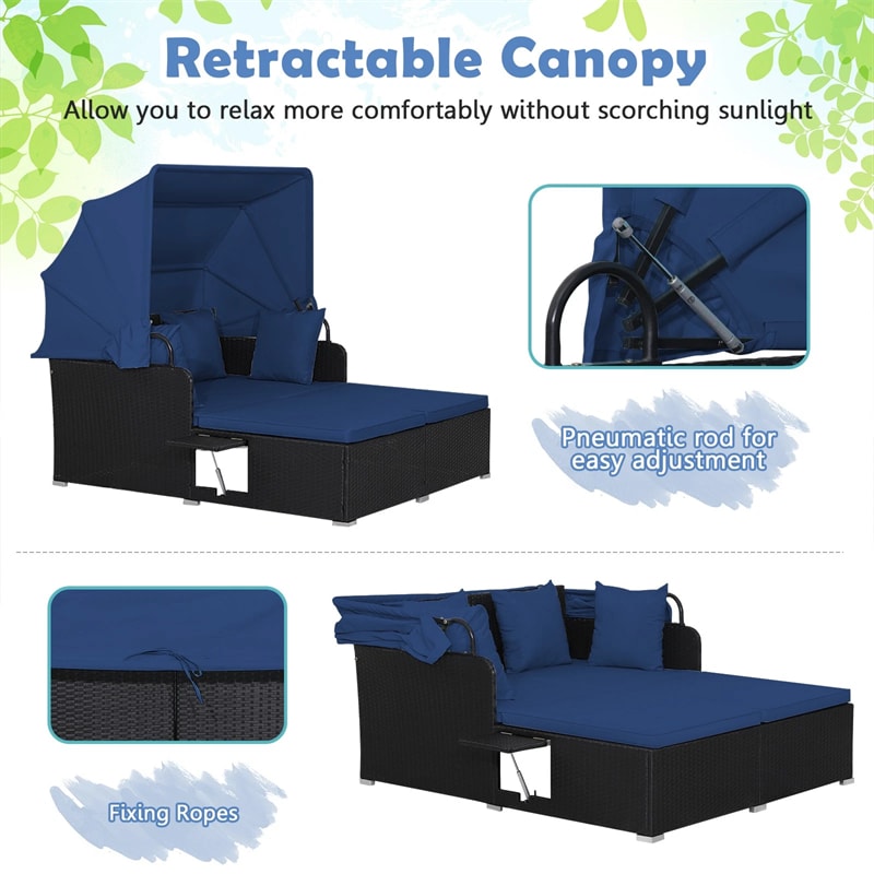Patio Rattan Daybed, Outdoor Wicker Double Sun Lounger with Retractable Canopy, 2 Foldable Side Trays & Thick Cushions for Garden Poolside, Porch