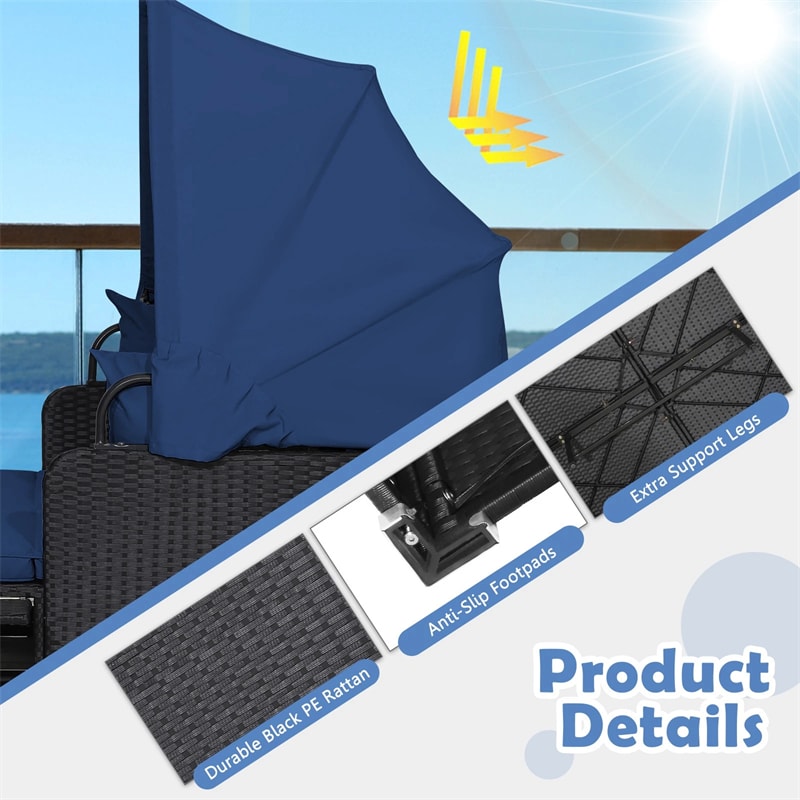 Patio Rattan Daybed, Outdoor Wicker Double Sun Lounger with Retractable Canopy, 2 Foldable Side Trays & Thick Cushions for Garden Poolside, Porch