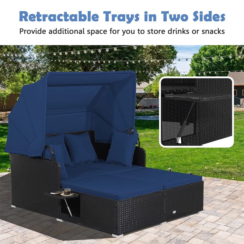 Patio Rattan Daybed, Outdoor Wicker Double Sun Lounger with Retractable Canopy, 2 Foldable Side Trays & Thick Cushions for Garden Poolside, Porch