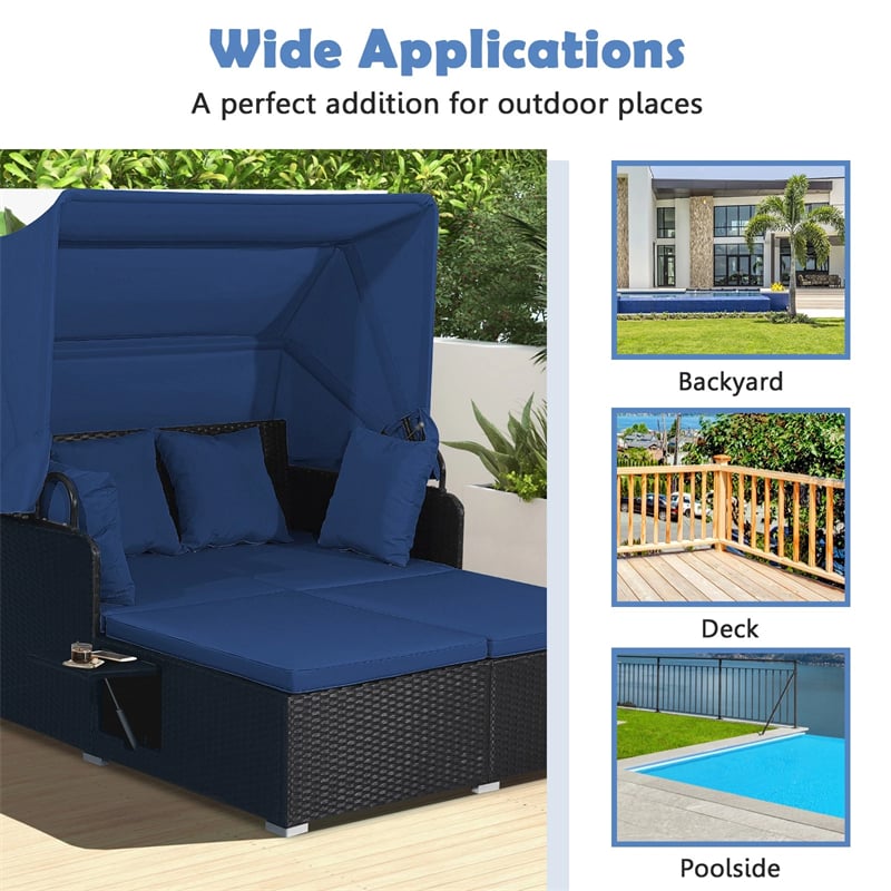 Patio Rattan Daybed, Outdoor Wicker Double Sun Lounger with Retractable Canopy, 2 Foldable Side Trays & Thick Cushions for Garden Poolside, Porch