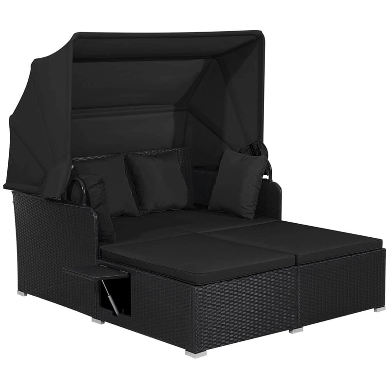 Patio Rattan Daybed, Outdoor Wicker Double Sun Lounger with Retractable Canopy, 2 Foldable Side Trays & Thick Cushions for Garden Poolside, Porch