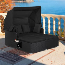 Patio Rattan Daybed, Outdoor Wicker Double Sun Lounger with Retractable Canopy, 2 Foldable Side Trays & Thick Cushions for Garden Poolside, Porch