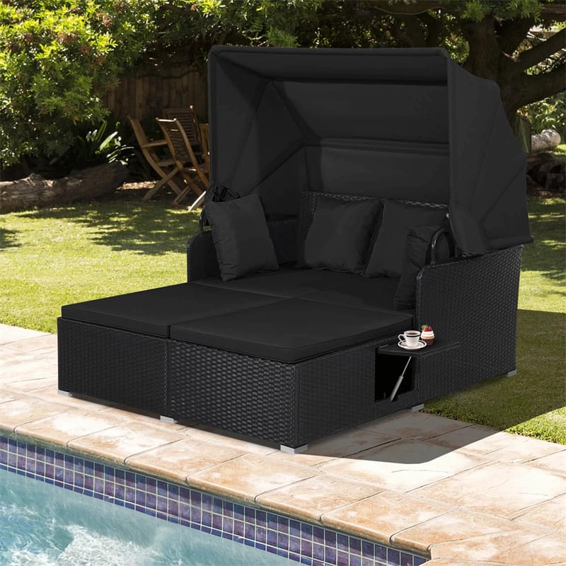 Patio Rattan Daybed, Outdoor Wicker Double Sun Lounger with Retractable Canopy, 2 Foldable Side Trays & Thick Cushions for Garden Poolside, Porch