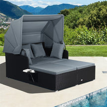 Patio Rattan Daybed, Outdoor Wicker Double Sun Lounger with Retractable Canopy, 2 Foldable Side Trays & Thick Cushions for Garden Poolside, Porch