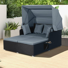 Patio Rattan Daybed, Outdoor Wicker Double Sun Lounger with Retractable Canopy, 2 Foldable Side Trays & Thick Cushions for Garden Poolside, Porch