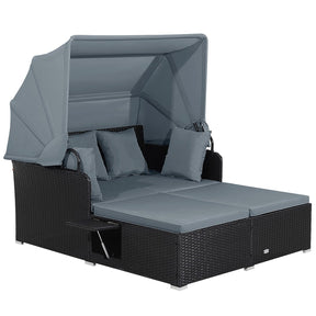 Patio Rattan Daybed, Outdoor Wicker Double Sun Lounger with Retractable Canopy, 2 Foldable Side Trays & Thick Cushions for Garden Poolside, Porch