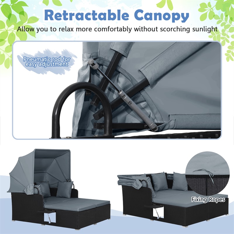 Patio Rattan Daybed, Outdoor Wicker Double Sun Lounger with Retractable Canopy, 2 Foldable Side Trays & Thick Cushions for Garden Poolside, Porch