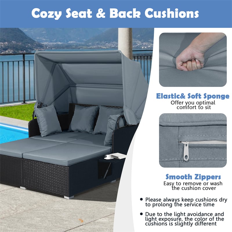 Patio Rattan Daybed, Outdoor Wicker Double Sun Lounger with Retractable Canopy, 2 Foldable Side Trays & Thick Cushions for Garden Poolside, Porch