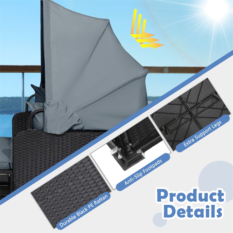 Patio Rattan Daybed, Outdoor Wicker Double Sun Lounger with Retractable Canopy, 2 Foldable Side Trays & Thick Cushions for Garden Poolside, Porch