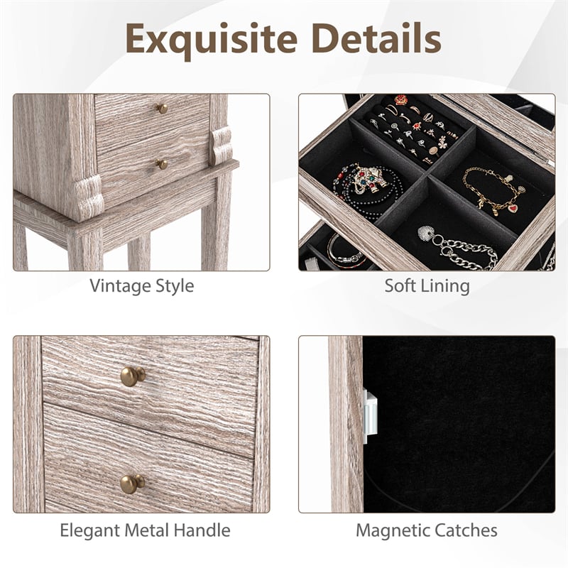 Standing Jewelry Armoire Cabinet with Flip Top Mirror, 5 Drawers & 2 Swing Doors, Velvet Lined Jewelry Storage Organizer for Necklaces Rings