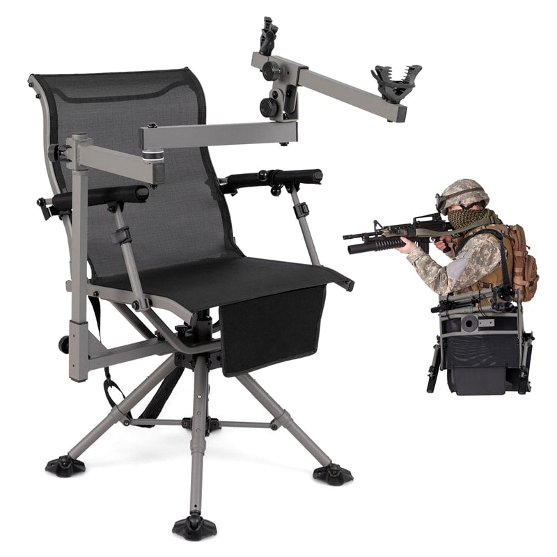 360° Swivel Hunting Chair with Adjustable Equipment Rest & Armrests, Folding All-Terrain Deer Blind Chair for Outdoor Camping, 330LBS Capacity