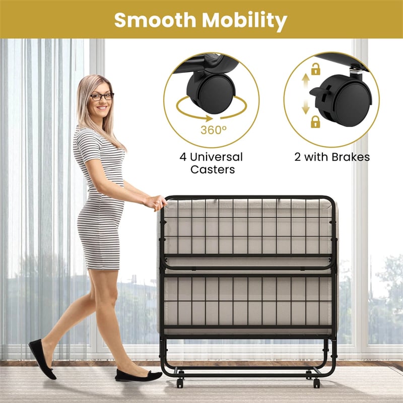 Twin Size Folding Bed with Memory Foam Mattress, Rollaway Guest Bed w/ Heavy-Duty Metal Frame & Lockable Wheels, Portable Space-Saving Bed, 75" x 38"