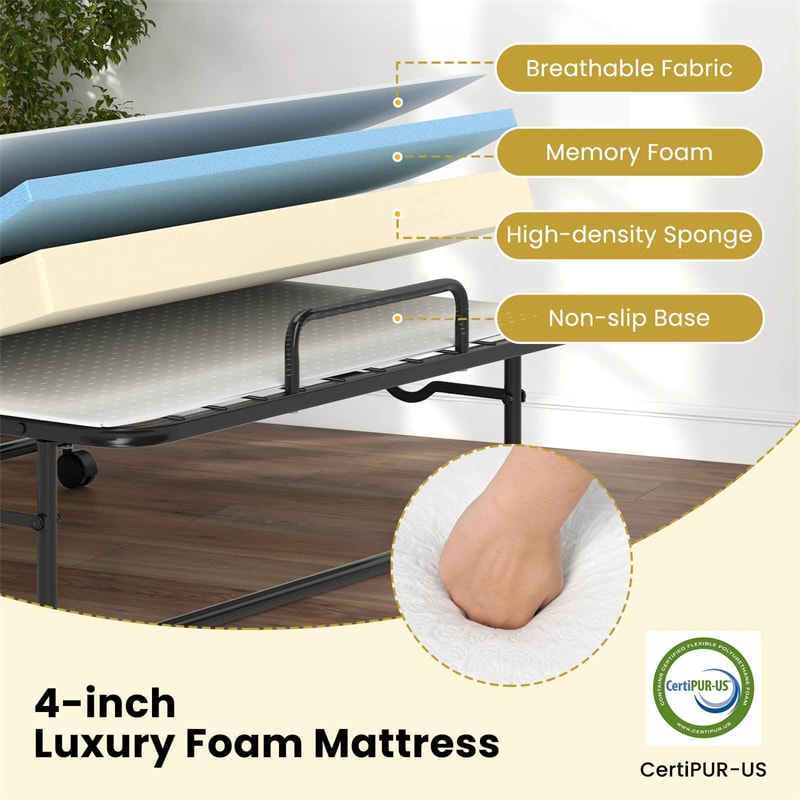 Twin Size Folding Bed with Memory Foam Mattress, Rollaway Guest Bed w/ Heavy-Duty Metal Frame & Lockable Wheels, Portable Space-Saving Bed, 75" x 38"