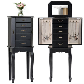 Standing Jewelry Armoire Cabinet with Flip Top Mirror, 4 Drawers, 2 Side Doors & Necklace Hooks, Vintage Wood Jewelry Storage Organizer Chest