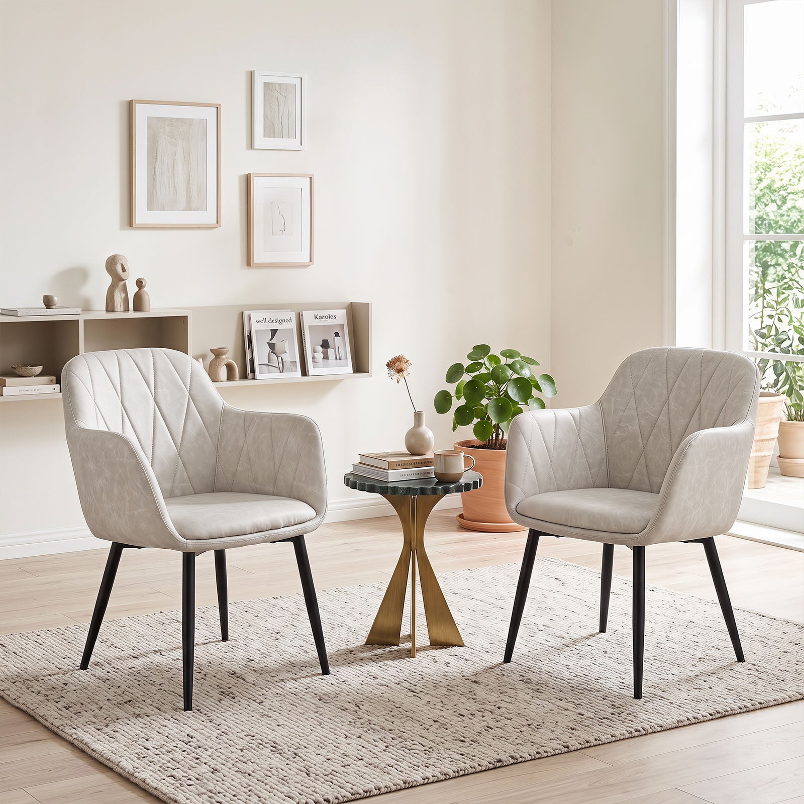 Dining Chairs Set of 2, Upholstered PU Leather Kitchen Chairs with Curved Back & Wide Seat, Mid-Century Accent Side Armchairs for Dining Room, Living Room & Bedroom