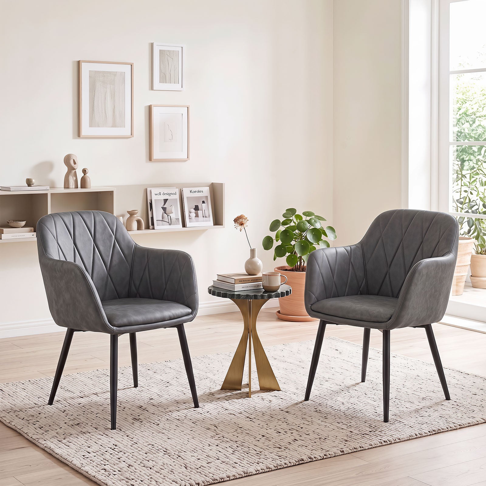 Dining Chairs Set of 2, Upholstered PU Leather Kitchen Chairs with Curved Back & Wide Seat, Mid-Century Accent Side Armchairs for Dining Room, Living Room & Bedroom