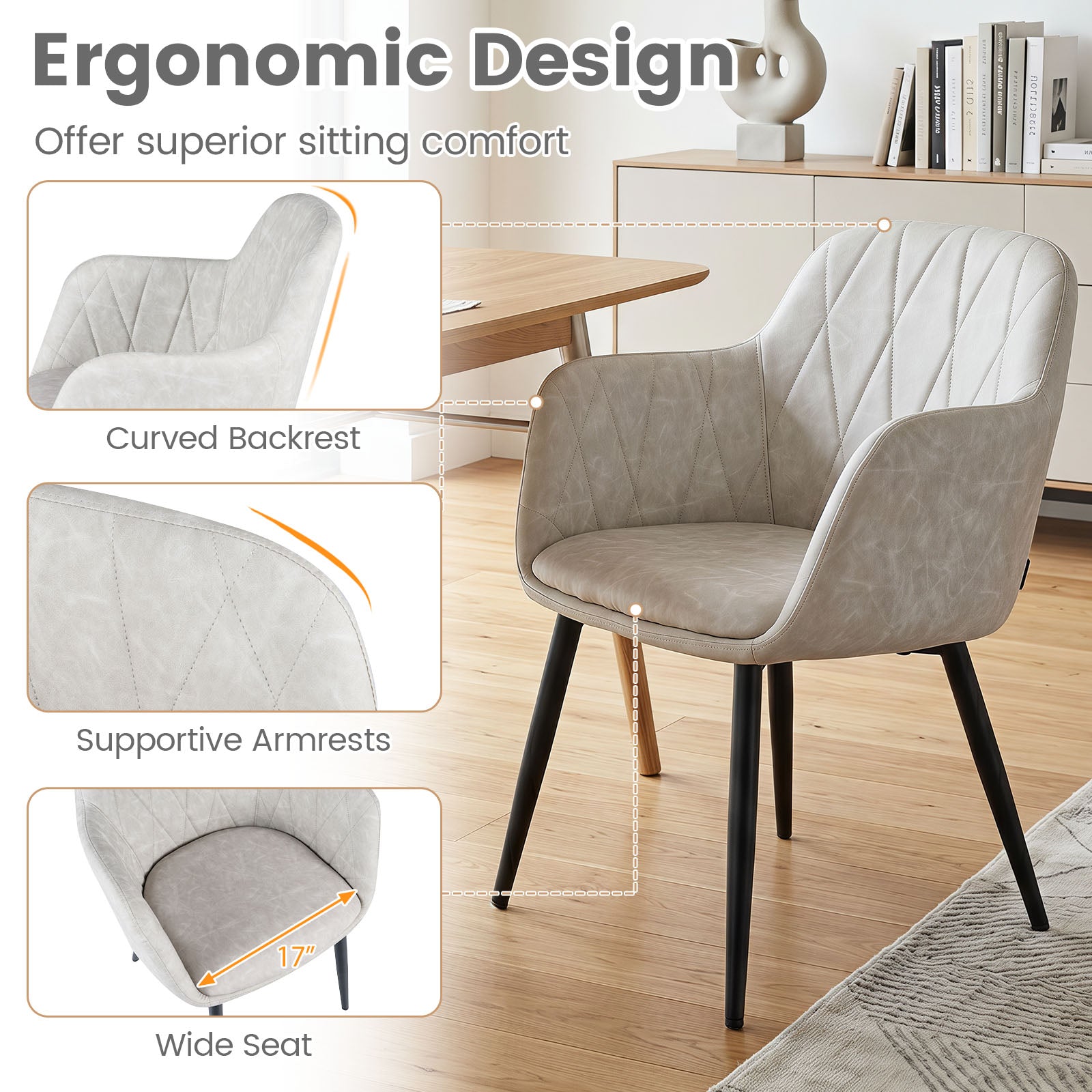 Dining Chairs Set of 2, Upholstered PU Leather Kitchen Chairs with Curved Back & Wide Seat, Mid-Century Accent Side Armchairs for Dining Room, Living Room & Bedroom