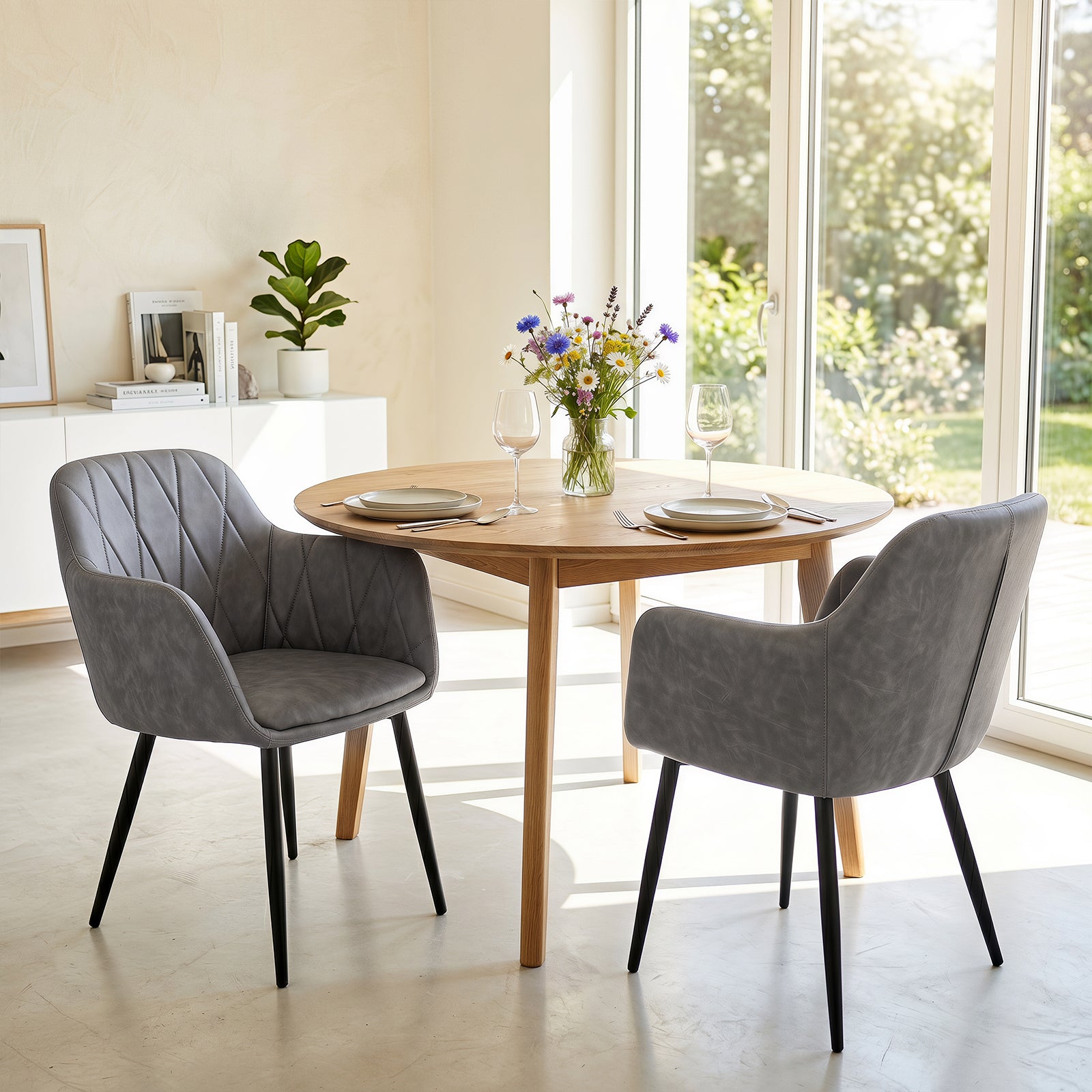 Dining Chairs Set of 2, Upholstered PU Leather Kitchen Chairs with Curved Back & Wide Seat, Mid-Century Accent Side Armchairs for Dining Room, Living Room & Bedroom