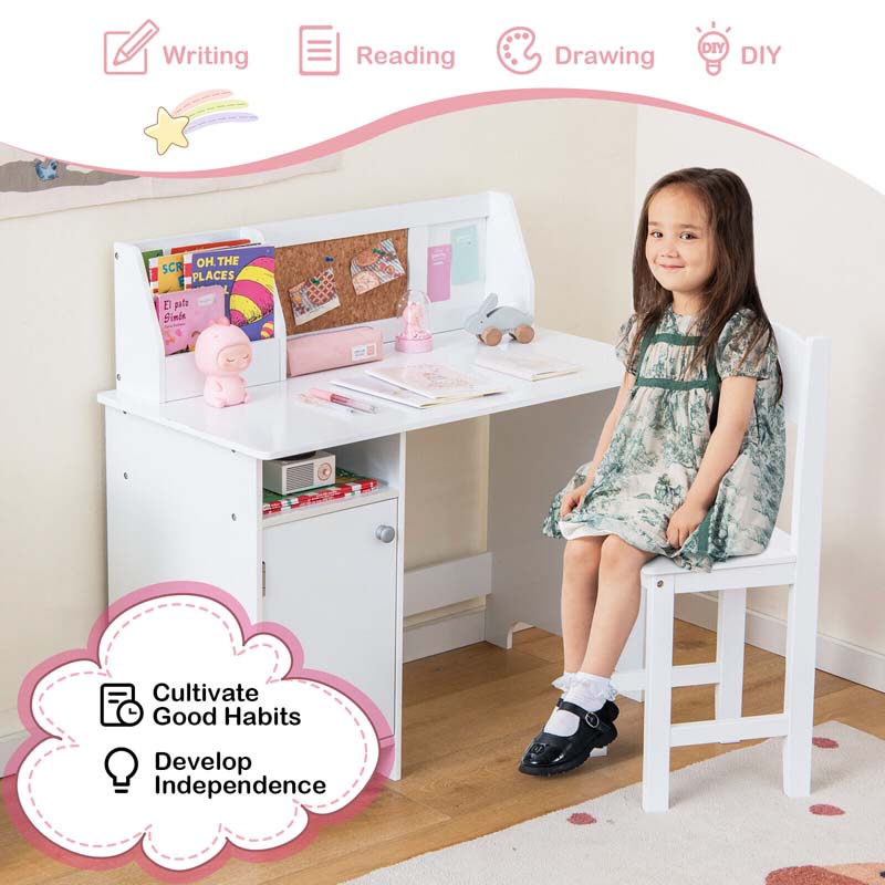 Kids Table and Chair Set, Wooden Study Table with Whiteboard, Cork Board, Storage Hutch & Cabinet, Student Computer Workstation for Bedroom