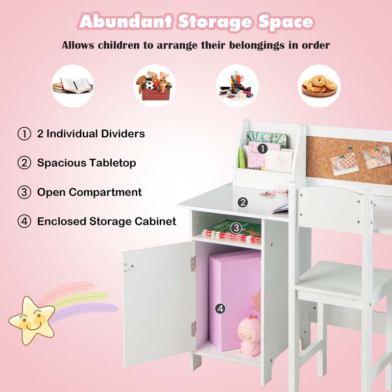 Kids Table and Chair Set, Wooden Study Table with Whiteboard, Cork Board, Storage Hutch & Cabinet, Student Computer Workstation for Bedroom