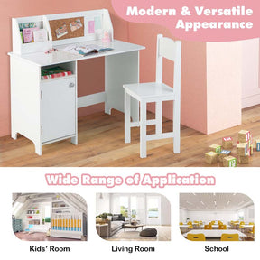 Kids Table and Chair Set, Wooden Study Table with Whiteboard, Cork Board, Storage Hutch & Cabinet, Student Computer Workstation for Bedroom