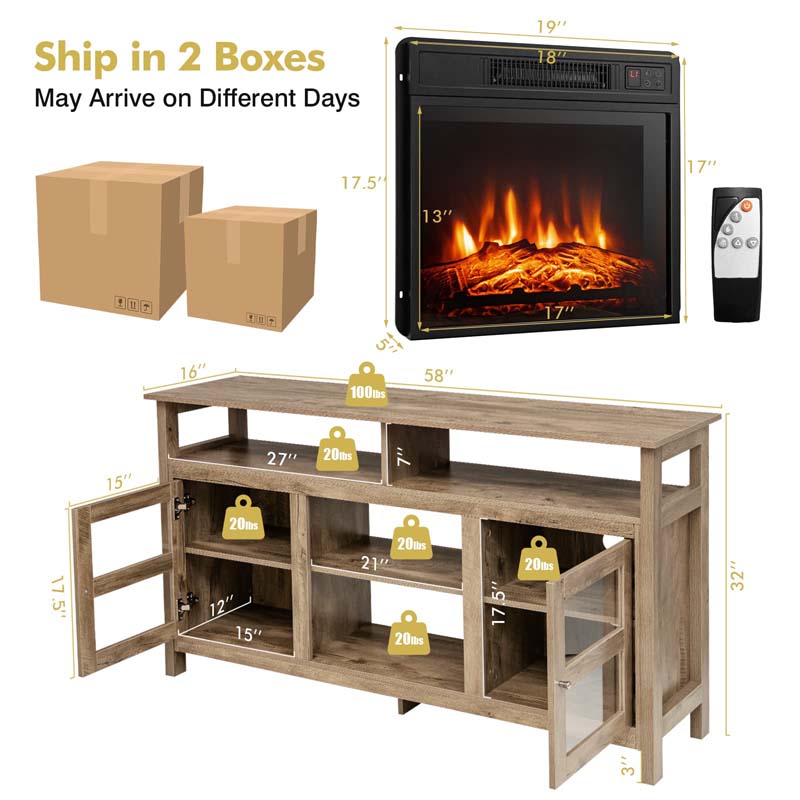 58" Electric Fireplace TV Stand for 65" TVs, Media Console with 18" 1400W Heater Insert, Thermostat, Adjustable 3D Flame & Storage Shelves