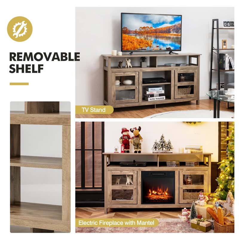 58" Electric Fireplace TV Stand for 65" TVs, Media Console with 18" 1400W Heater Insert, Thermostat, Adjustable 3D Flame & Storage Shelves