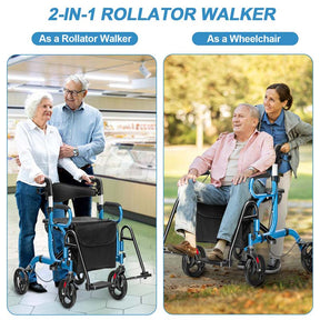 2 in 1 Folding Rollator Walker with Seat, Aluminum Medical Walker Transport Wheelchair with 8" Wheels & Bag, Mobility Walking Aid for Seniors