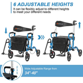 2 in 1 Folding Rollator Walker with Seat, Aluminum Medical Walker Transport Wheelchair with 8" Wheels & Bag, Mobility Walking Aid for Seniors