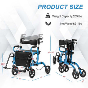 2 in 1 Folding Rollator Walker with Seat, Aluminum Medical Walker Transport Wheelchair with 8" Wheels & Bag, Mobility Walking Aid for Seniors